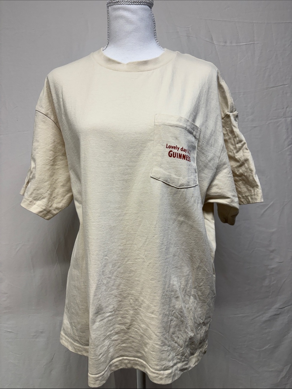 American Eagle Outfitters Cream Short-Sleeve Pocket Tee with Red Script